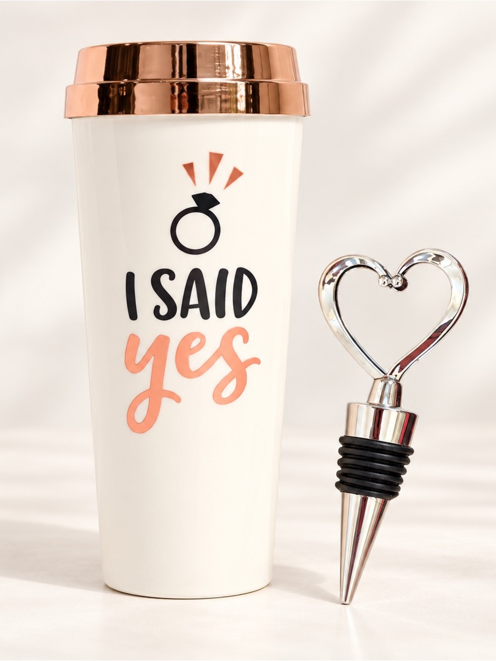 I Said Yes Rose Gold Travel Tumbler & Heart Wine Stopper